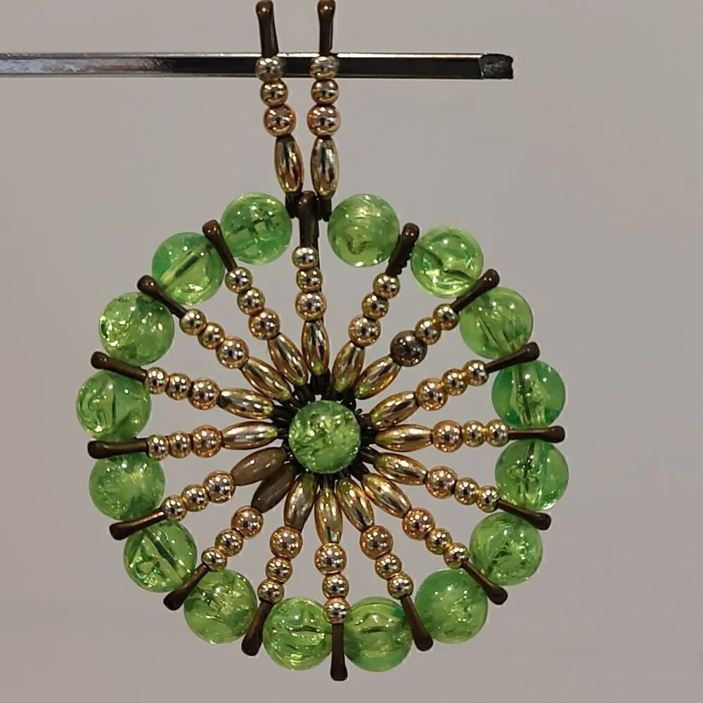 Vintage Safety Pin Art Green and Gold Bead Pendant/Brooch